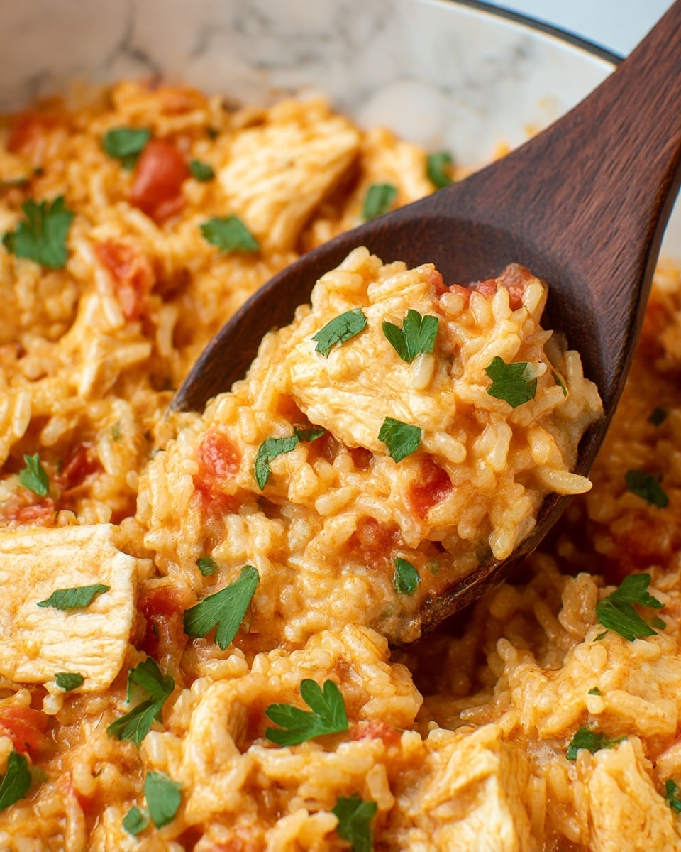 The image shows a close-up of a dish with three main layers: large pieces of cooked white chicken on top, a layer of orange-colored rice mixed with small red tomato chunks underneath, and sprinkled chopped fresh green herbs scattered across the dish. A dark wooden spoon is partly visible on the right, resting on the rice and chicken. The food is in a white bowl, all placed on a white marbled surface. photo taken with an iphone --ar 4:5 --v 7