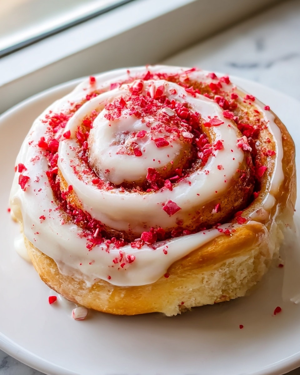 A close-up view of a single cinnamon roll on a white plate, showing about three thick spiral layers of soft, golden-brown dough swirled with bright red fruit filling that peeks through the edges. The top of the roll is covered in a smooth, creamy white icing spread unevenly along the spirals, with small, crunchy red bits sprinkled over the icing and filling. The plate rests on a surface with a white marbled texture. photo taken with an iphone --ar 4:5 --v 7