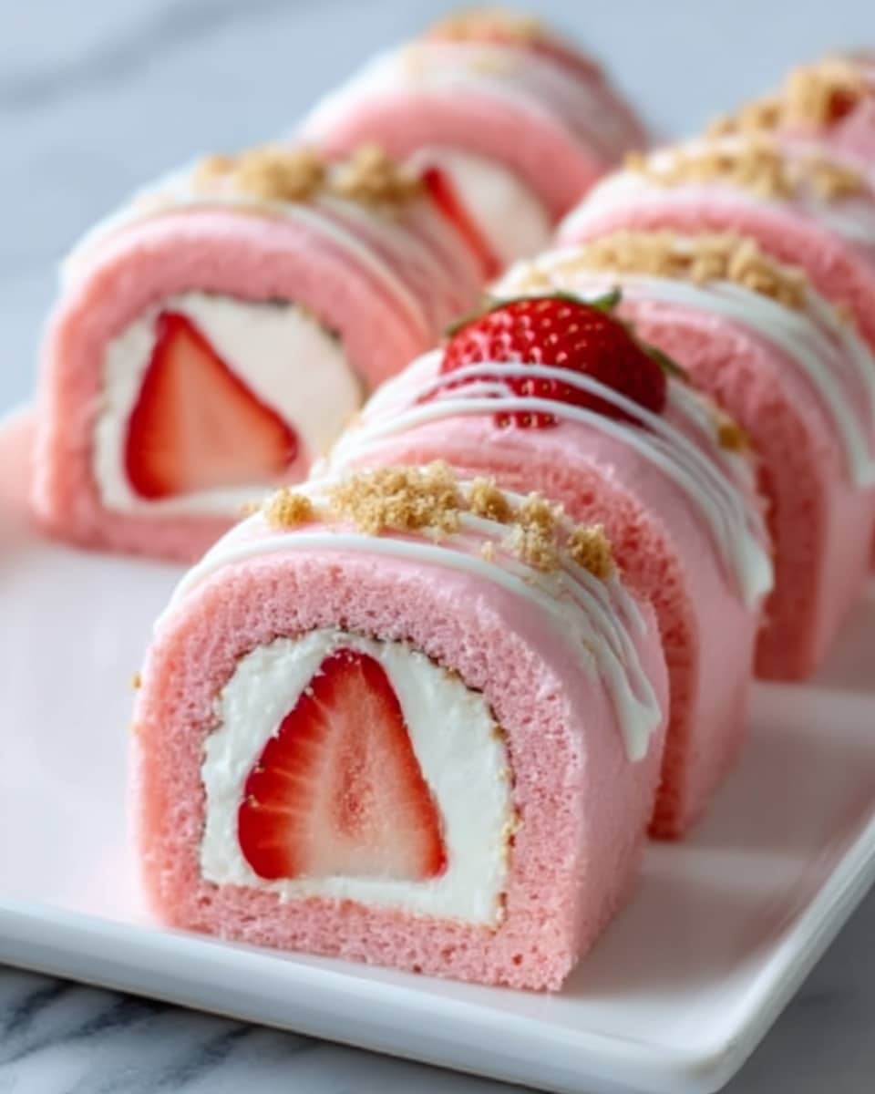 The image shows a white square plate holding several pink sushi rolls arranged in two neat rows. Each roll has a soft pink outer layer that looks smooth and slightly moist. Inside, there is a thick layer of white rice tightly wrapped around a bright red strawberry center, visible in every piece. The top of each roll is decorated with thin white stripes, evenly spaced, and a sprinkling of light brown crumbs adds texture and contrast. The plate is set on a white marbled surface, enhancing the fresh and clean look of the dish. Photo taken with an iphone --ar 4:5 --v 7