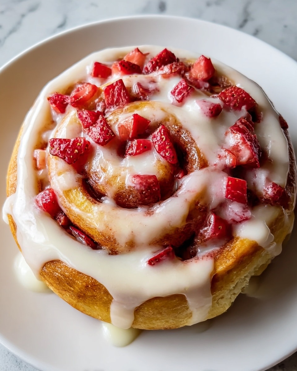 A close-up view of a cinnamon roll on a white plate, showing a single thick spiral layer of golden brown dough with slightly darker caramelized edges. The top is generously coated with drizzle of creamy white icing, flowing unevenly over the rolls curves. Scattered across the surface are small, bright red strawberry pieces that add a fresh pop of color and texture contrast. The background features a soft white marbled texture that highlights the warm tones of the roll. Photo taken with an iphone --ar 4:5 --v 7