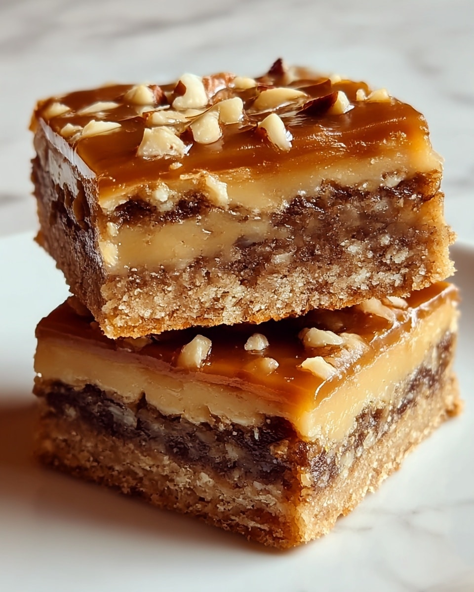 Two square dessert bars stacked on a white marbled surface, each with four distinct layers. The bottom layer is a crumbly, light golden crust. Above it is a thick, dark brown, slightly textured layer that looks like a nutty or spiced filling. The third layer is a smooth, pale yellow or caramel-colored cream. The top layer is a shiny amber caramel glaze sprinkled with small chopped nuts, giving a glossy and crunchy appearance. The bars have a slightly crumbly edge with bits falling off. Photo taken with an iphone --ar 4:5 --v 7