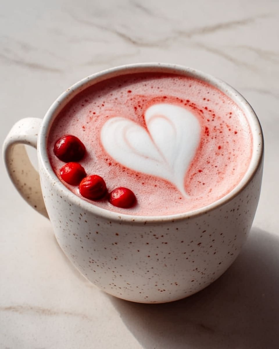 A white speckled mug filled with a red drink, topped with a white heart-shaped foam design in the center. On top of the foam, near the edge, are four bright red berries arranged in a line. The mug sits on a white marbled surface with soft, natural light highlighting the smooth texture of the drink and the mug’s slight speckles. Photo taken with an iphone --ar 4:5 --v 7