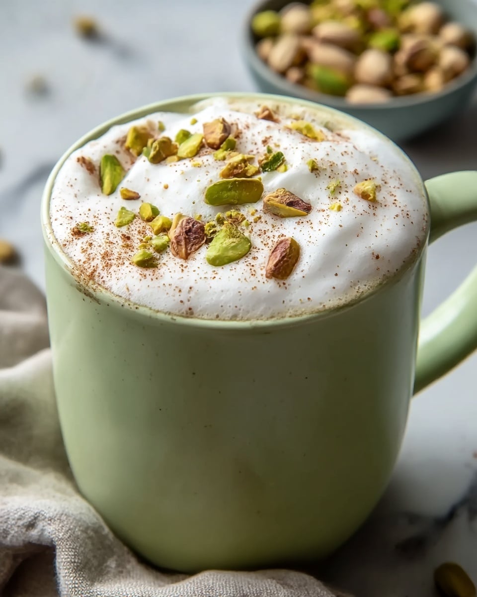 A green ceramic cup filled with a foam-topped drink, the foam forming a thick, fluffy white layer that slightly overflows the rim. The foam is sprinkled with crushed green pistachios and finely ground brown spices, adding texture and small pops of color on top. The cup has a sturdy handle on the right side and sits on a neutral cloth with a blurred background of loose pistachios and a white marbled surface. The overall look is cozy and inviting with a focus on the creamy foam and nutty garnish. photo taken with an iphone --ar 4:5 --v 7