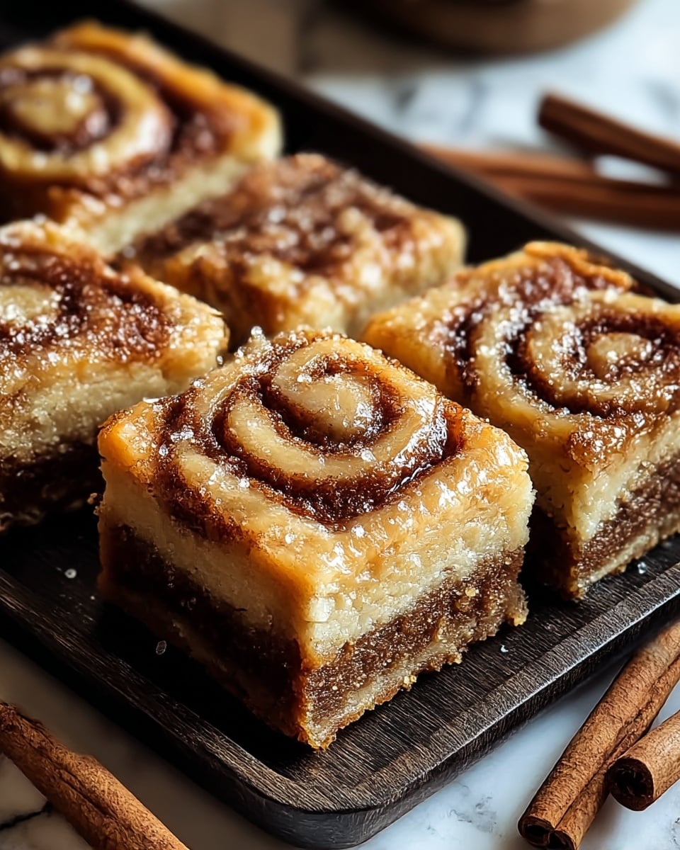 The image shows four square cinnamon roll bars placed side by side on a dark tray, each with two distinct layers: the bottom layer is a dense, brown, cinnamon-filled dough with a slightly crumbly texture, and the top layer is a lighter, soft tan dough swirled with cinnamon in a spiral pattern on each square. The top surface appears shiny and slightly sticky, suggesting a glaze or syrup coating, and some granulated sugar is lightly sprinkled over the rolls. The tray is set on a white marbled surface with cinnamon sticks beside it. Photo taken with an iphone --ar 4:5 --v 7