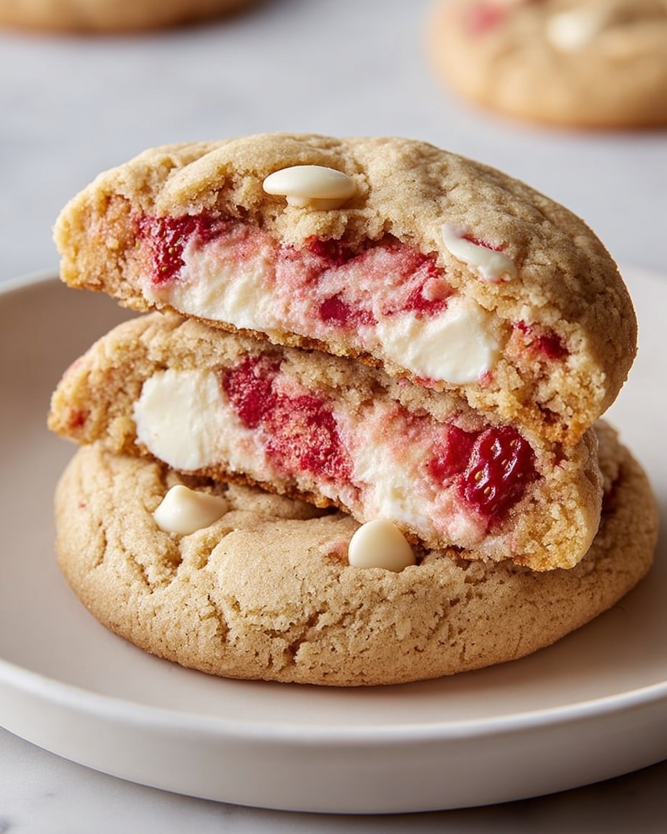 The image shows two stacked round cookies on a white plate with a white marbled background. The top cookie is broken in half, revealing three distinct layers inside: a soft beige-brown outer cookie layer with a slightly cracked texture, a creamy white filling in the middle, and a bright red fruit layer, likely strawberry, swirled within the cream. The surface of the cookies is dotted with a few white chocolate chips, adding texture and color contrast. The overall look is soft and gooey, with the red fruit layer adding a fresh pop of color. photo taken with an iphone --ar 4:5 --v 7