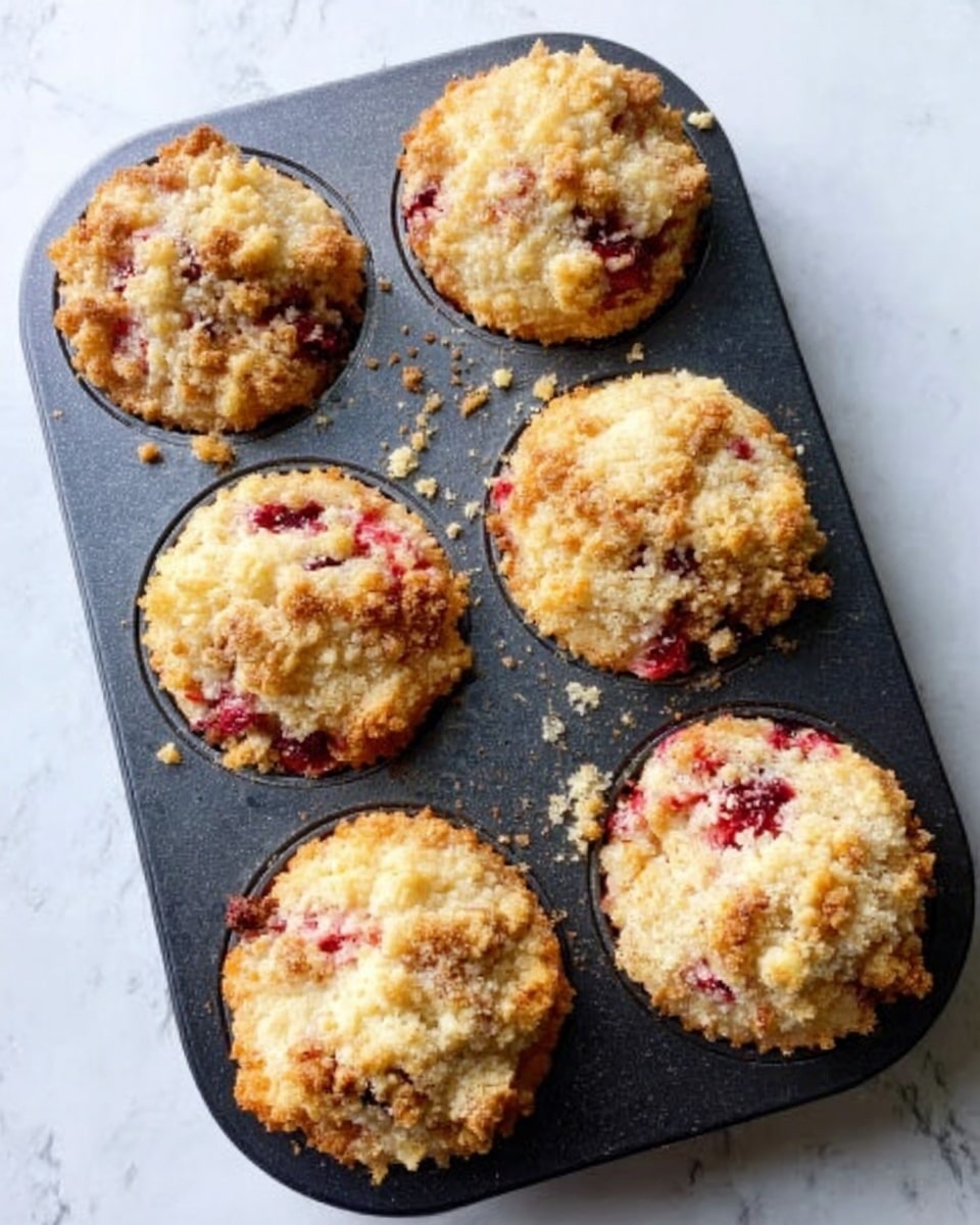 A black muffin tray with six muffins inside is shown on a white marbled texture. Each muffin has a golden brown crumbly top with visible pieces of red fruit mixed in. The muffins have a slightly rough texture on top with bits of fruit peeking through. The tray has some crumbs scattered around the edges, giving a fresh-baked look. photo taken with an iphone --ar 4:5 --v 7