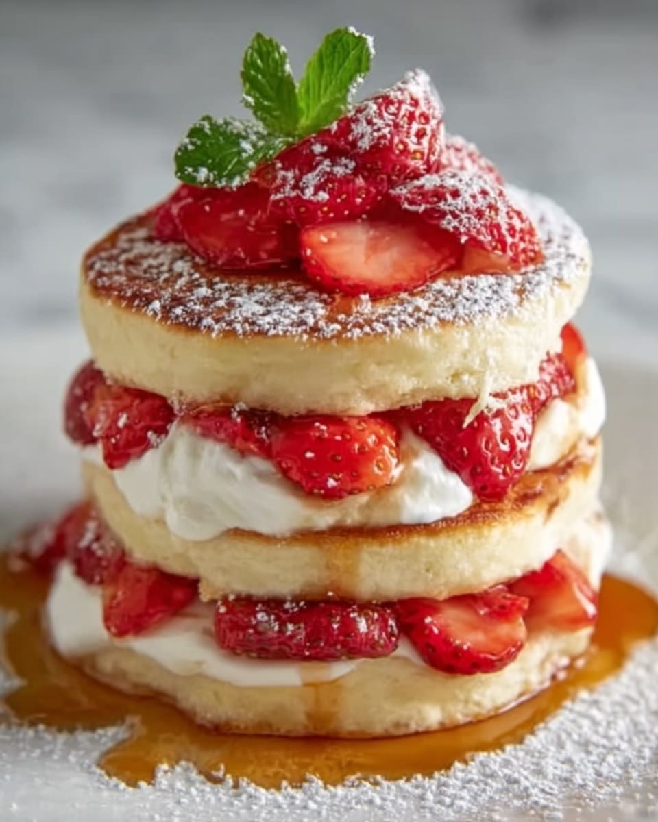 The image shows a stack of three fluffy pancakes, each layer separated by cream and fresh sliced strawberries. The bottom pancake has syrup dripping around the edges onto the white marbled surface. The top pancake is topped with whole strawberries, a small green mint leaf, and a light dusting of powdered sugar that covers the stack. The texture of the pancakes looks soft and airy, and the cream appears smooth and thick. The colors are warm golden brown, bright red from the strawberries, and white from the cream and powdered sugar. Photo taken with an iphone --ar 4:5 --v 7