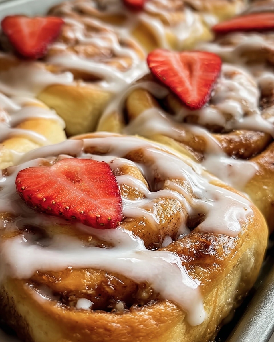 The image shows a close-up of several cinnamon rolls arranged together in a pan. Each roll has a golden-brown dough base with swirls of cinnamon sugar filling visible in the layers. White icing is drizzled thickly over the top, creating a glossy and creamy texture that flows down the sides. On top of some rolls, there are bright red sliced strawberries adding a fresh, colorful touch. The focus is sharp on the foreground rolls, capturing the soft, fluffy dough and the sticky, sweet glaze. photo taken with an iphone --ar 4:5 --v 7