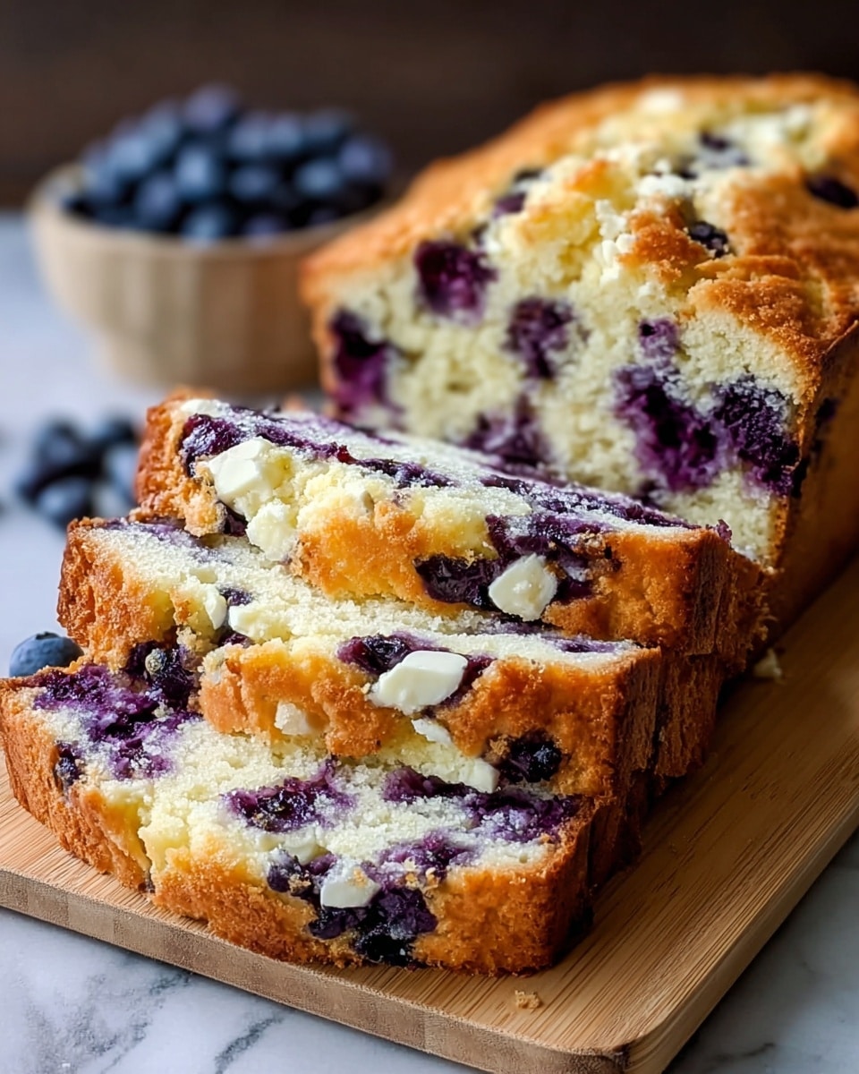 A loaf of cake with a golden brown crust, sliced to show three thick layers inside: a soft, light yellow cake base with a rough texture, filled generously with dark purple blueberry clusters and white creamy cheese pieces scattered unevenly throughout. The cake rests on a light wooden board, with a small bowl of fresh blueberries blurred in the background on a white marbled surface. The cake looks moist with a slightly crumbly top. photo taken with an iphone --ar 4:5 --v 7