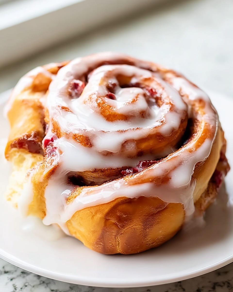 A close-up view of a cinnamon roll with three visible layers of golden-brown dough spiraled tightly, filled with reddish pieces of fruit and a cinnamon mix, all covered with thick, white glaze dripping down the sides and pooling slightly on a white plate. The texture of the dough looks soft and fluffy with the glaze smooth and shiny on top. The background is soft and blurred with a white marbled surface under the plate. photo taken with an iphone --ar 4:5 --v 7