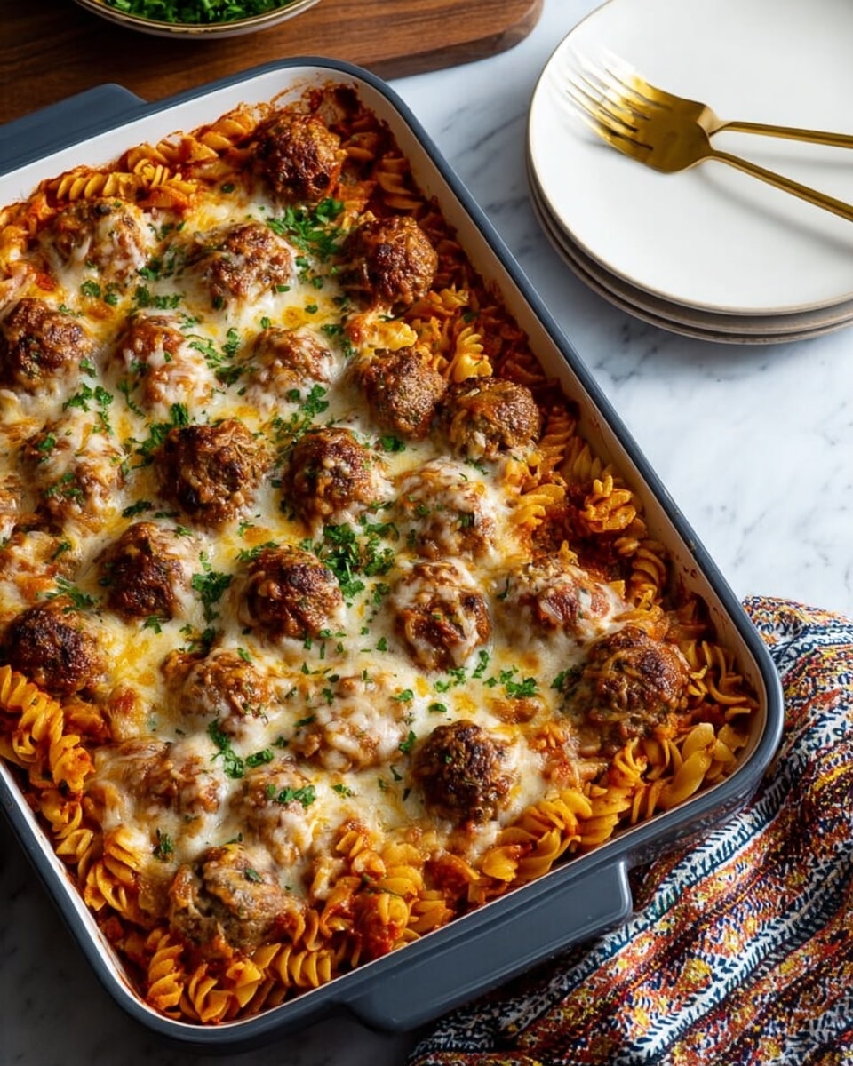 A rectangular casserole dish filled with baked rotini pasta layered with red tomato sauce, topped with browned meatballs scattered evenly on top, and covered with melted golden cheese sprinkled with green herbs. The casserole dish has a dark gray edge with white interior. Next to it, a white plate holds a gold fork on a white marbled surface, with part of a patterned cloth visible under the dish. photo taken with an iphone --ar 4:5 --v 7