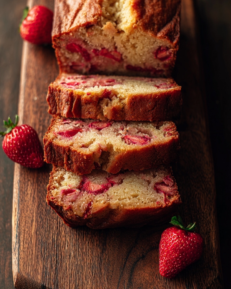 A loaf of strawberry cake is sliced into four thick pieces, laid stacked slightly uneven on a wooden board. The cake has a golden-brown crust with a soft, light tan inside full of bright red strawberry pieces that show in every slice. The texture looks moist and spongy, with visible strawberry chunks giving it a burst of color inside, while a few whole strawberries sit nearby as decoration. The wooden board shows a natural, dark grain pattern. The photo taken with an iphone --ar 4:5 --v 7