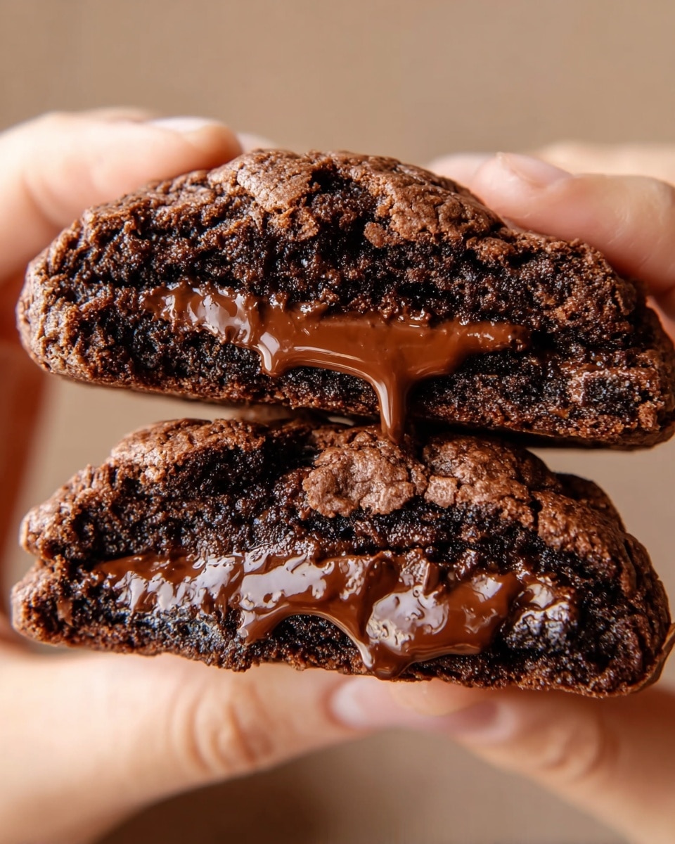 A close-up image of a melted chocolate cookie broken in half, held by a woman's hand, showing three layers: the top and bottom layers are dark brown, crumbly, and cracked cookie dough with a slightly rough texture, while the middle layer is a thick, glossy, smooth chocolate filling that looks creamy and gooey, oozing out slightly between the cookie halves. The background is a soft, blurred beige color. photo taken with an iphone --ar 4:5 --v 7