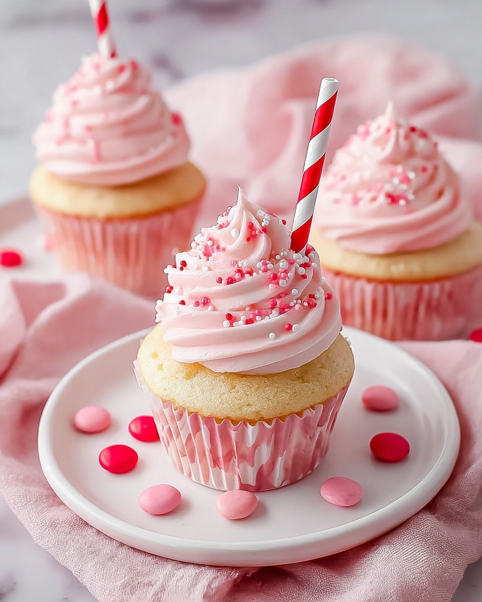 The image shows a close-up of a cupcake with three main layers. The bottom layer is a soft yellow cake in a pink and white paper liner. Above it, there is a thick, swirled layer of light pink frosting with a smooth, creamy texture, topped with small round sprinkles in red, white, and pink colors. A red and white striped straw sticks out of the frosting from the center. The cupcake sits on a white plate with rounded edges, surrounded by scattered small round candy pieces in red and pink shades, all placed on a soft pink cloth over a white marbled surface. In the background, two more similar cupcakes are visible but blurred, each with the same layering and frosting style. photo taken with an iphone --ar 4:5 --v 7