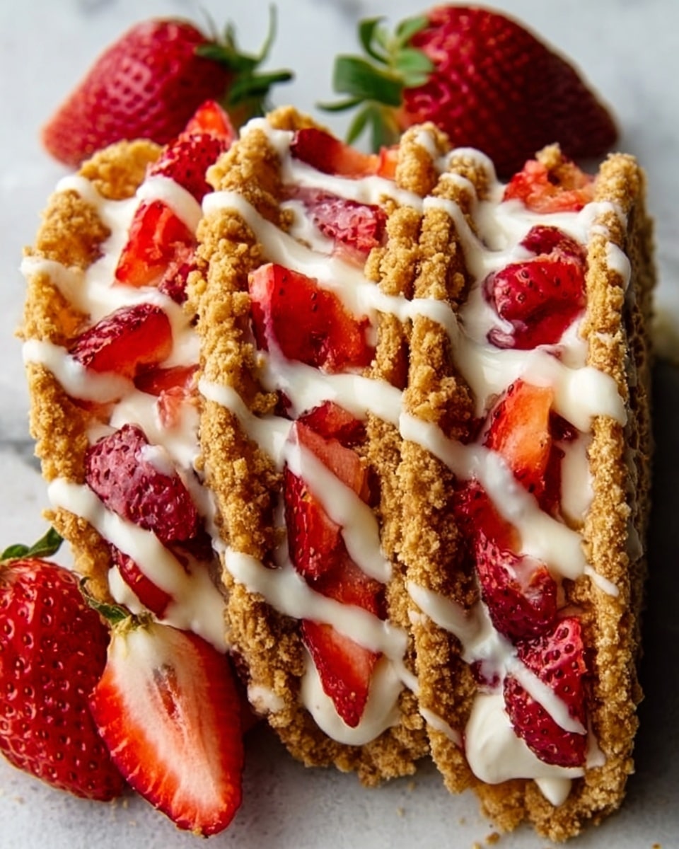 The image shows four taco-shaped dessert shells arranged side by side on a white marbled surface. Each shell is golden brown and crumbly, filled with white creamy filling mixed with fresh, bright red strawberry pieces. The creamy filling is smooth and slightly glossy, and it is drizzled over the top with more white cream that runs down the shells. Whole red strawberries are placed next to the shells for decoration. The textures are crumbly, creamy, and juicy, with the dessert shells standing out against the clean background. Photo taken with an iphone --ar 4:5 --v 7