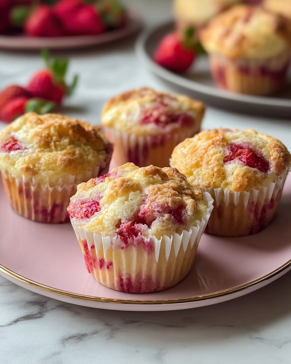 The image shows five strawberry muffins arranged on a white plate with a soft pink tone and a thin golden rim. The muffins have a golden brown top with rough textures and visible red strawberry chunks embedded throughout the light, fluffy batter. Each muffin has a white paper liner with faint pink streaks from the strawberries. The muffins are placed on a white marbled surface. In the background, some whole strawberries and another plate with more muffins are softly blurred. Photo taken with an iphone --ar 4:5 --v 7