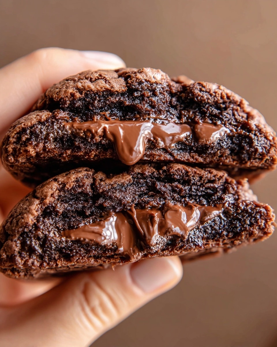 A close-up of a gooey chocolate cookie broken in half, held by a woman's hand, showing three main layers: the cracked dark brown outer cookie shell with a slightly crumbly texture, the moist and dense middle chocolate cookie layer with a rich dark color, and the thick, glossy melted chocolate filling in the center that looks smooth and shiny, oozing slightly between the two cookie halves, all against a soft, blurred light brown background. photo taken with an iphone --ar 4:5 --v 7