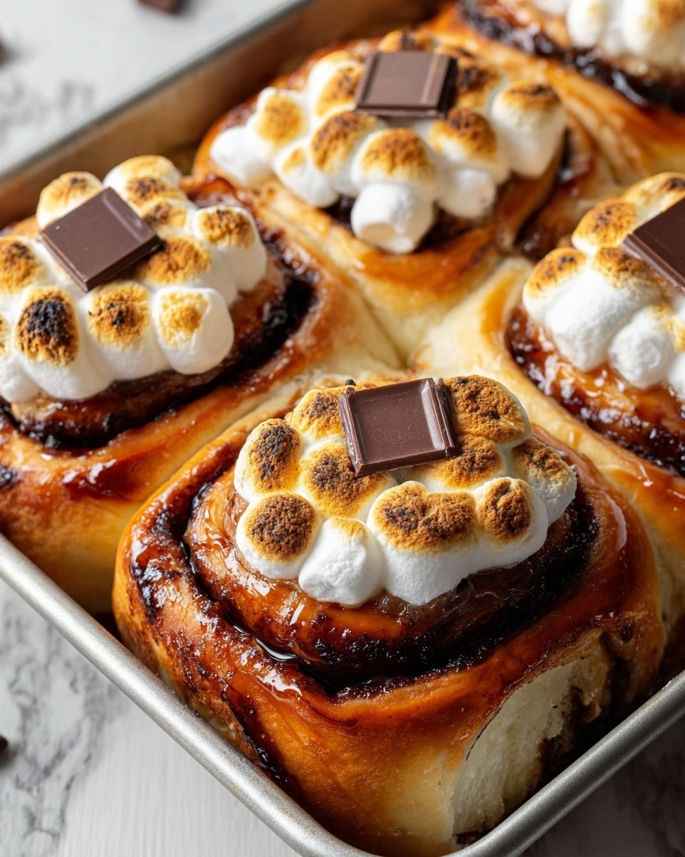 The image shows a close-up of a metal baking tray filled with six thick, soft cinnamon rolls. Each roll has a shiny, golden-brown glaze with a dark brown cinnamon swirl inside. The top of each cinnamon roll is covered with a layer of fluffy white toasted marshmallows that are golden brown on the edges, and a small square of dark chocolate is placed in the center of the marshmallow topping. The tray is set on a white marbled texture. Photo taken with an iphone --ar 4:5 --v 7