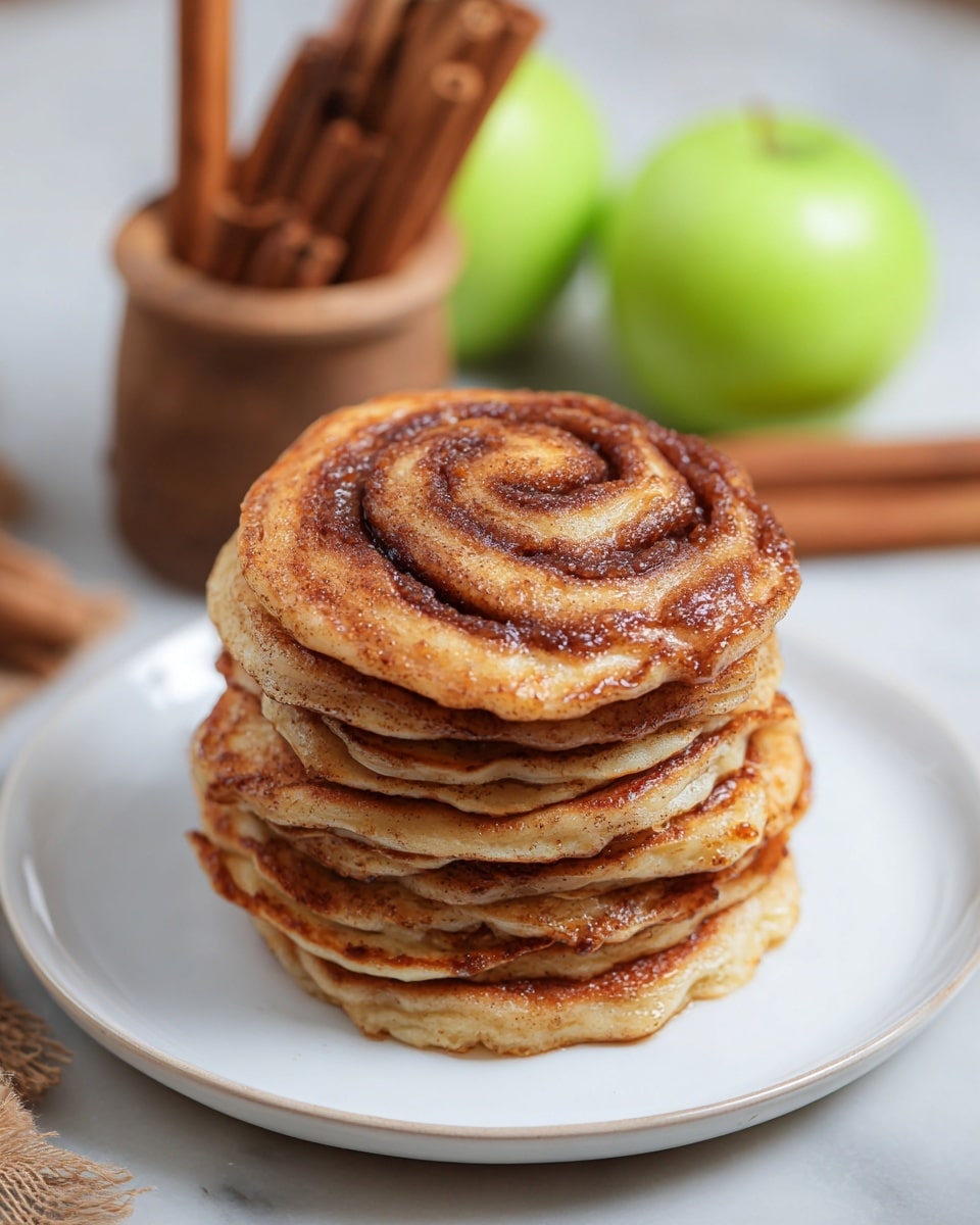 A stack of seven thick golden-brown pancakes sits at the center of a white plate, each pancake showing a softly crisped edge and a tender, porous texture. On top, a glossy dark cinnamon swirl spiral lines the surface, adding a rich contrast to the warm tones of the pancakes. To the side, two shiny green apples with a smooth texture rest on the white marbled surface, and behind them, a rustic wooden container holds cinnamon sticks, completing the cozy scene. The whole image is set against a softly blurred background to keep the pancakes as the main focus. Photo taken with an iphone --ar 4:5 --v 7