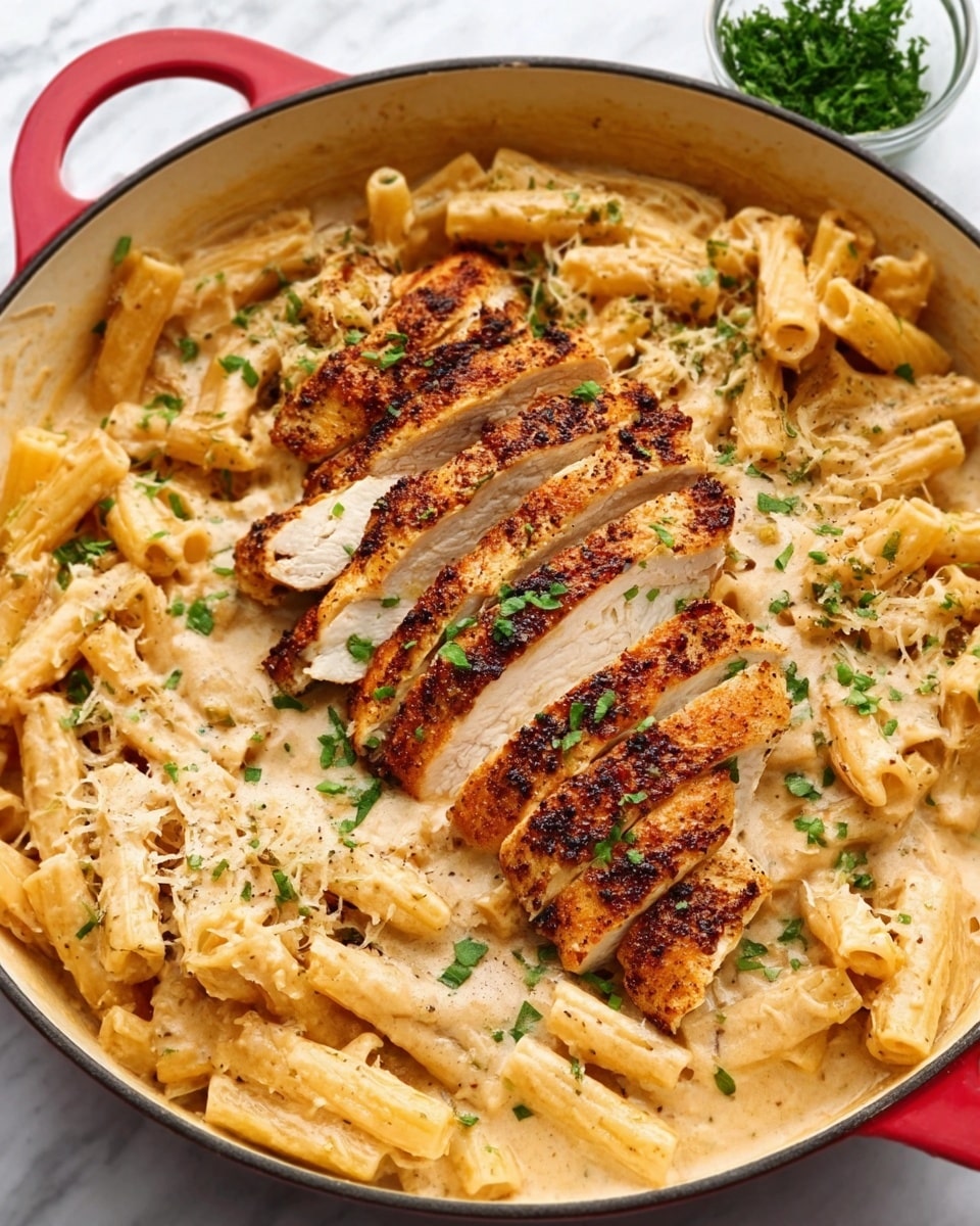 The image shows a close-up of cooked penne pasta covered in a creamy sauce surrounding a sliced grilled chicken breast. The chicken is cut into five pieces, placed on top of the pasta in the center, with a golden-brown, slightly grilled texture and sprinkled with finely chopped green herbs. The creamy sauce is light beige and smooth, coating the spiral pasta evenly. The dish is served in a large white round pot with red edges, set on a white marbled surface. There is a small glass bowl of chopped green herbs in the background. Photo taken with an iphone --ar 4:5 --v 7