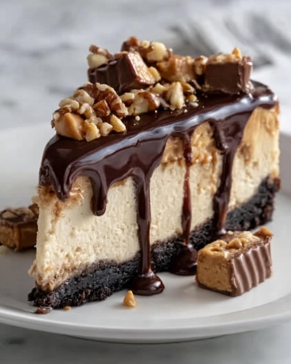 A slice of cheesecake with three clear layers sits on a white plate over a white marbled surface. The bottom layer is a dark, crumbly crust, the middle layer is thick and creamy beige cheesecake, and the top layer is a shiny dark chocolate glaze dripping down the sides. On top, there are chunks of peanut butter candy, walnut pieces, and chopped nuts scattered around. Photo taken with an iphone --ar 4:5 --v 7