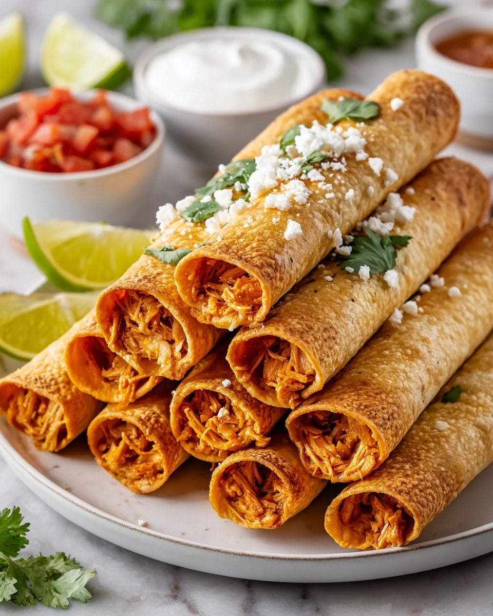 A white plate holds two layers of eight golden-brown rolled taquitos arranged in a pyramid shape, each filled tightly with shredded orange chicken visible at the open ends. The top layer of taquitos is sprinkled with small white cheese crumbles and fresh green cilantro leaves. To the left of the plate are two lime wedges, and in the background, there are two small white bowls, one with red salsa chunks and the other with smooth white sour cream, all set on a white marbled surface. Photo taken with an iphone --ar 4:5 --v 7