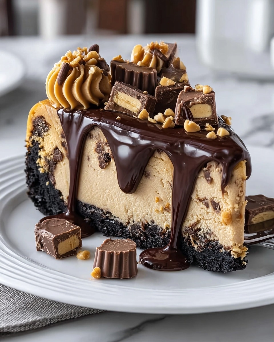 A slice of peanut butter cheesecake sits on a white plate with a crumbly dark chocolate crust at the bottom, followed by a creamy light tan peanut butter cheesecake layer, topped with a thick, glossy dark chocolate ganache dripping down the sides. On top, there are swirls of smooth peanut butter frosting, halved peanut butter cups, small chocolate chips, and chopped peanuts scattered over the ganache, with some additional peanut butter cup pieces and nuts on the plate around the slice, all placed on a white marbled surface. Photo taken with an iphone --ar 4:5 --v 7