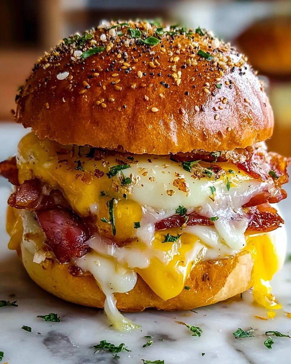 A close-up of a sandwich shows three main layers inside a shiny golden brown sandwich bun sprinkled with seeds and green herbs on top. The bottom layer consists of cooked bacon with melted white cheese oozing over it, followed by a middle layer of melted yellow cheese over more bacon. The top layer has melted white cheese again with some melted strands stretching out. The sandwich sits on a white marbled surface with small green herb pieces scattered around. Photo taken with an iphone --ar 4:5 --v 7