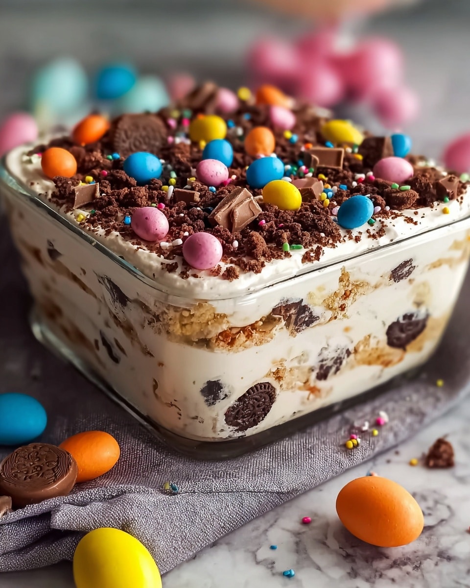 A square clear glass dish on a white marbled surface holds a layered dessert with three visible layers: the bottom and middle layers are creamy white with chunks of dark chocolate pieces, and the top layer is a smooth white cream base sprinkled heavily with crumbled chocolate cookies, colorful candy-coated eggs in pink, blue, orange, and yellow, broken milk chocolate pieces, and multicolored sprinkles. The dish is placed on a gray cloth with some candy eggs scattered around. The background is softly blurred. photo taken with an iphone --ar 4:5 --v 7