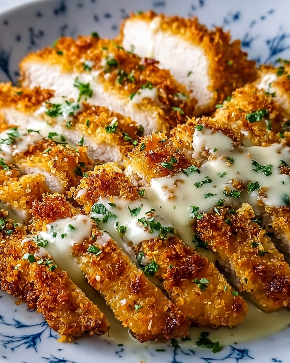 The image shows crispy, golden-brown breaded chicken cut into thick slices arranged on a white plate with a blue pattern. Each slice has a crunchy, textured coating with a light brown color, and the inside shows tender, juicy white chicken meat. The cut chicken is topped with creamy, white sauce drizzled across each slice, sprinkled with finely chopped green herbs, adding a fresh contrast. The plate sits on a white marbled surface, highlighting the rich colors and textures of the dish. Photo taken with an iphone --ar 4:5 --v 7