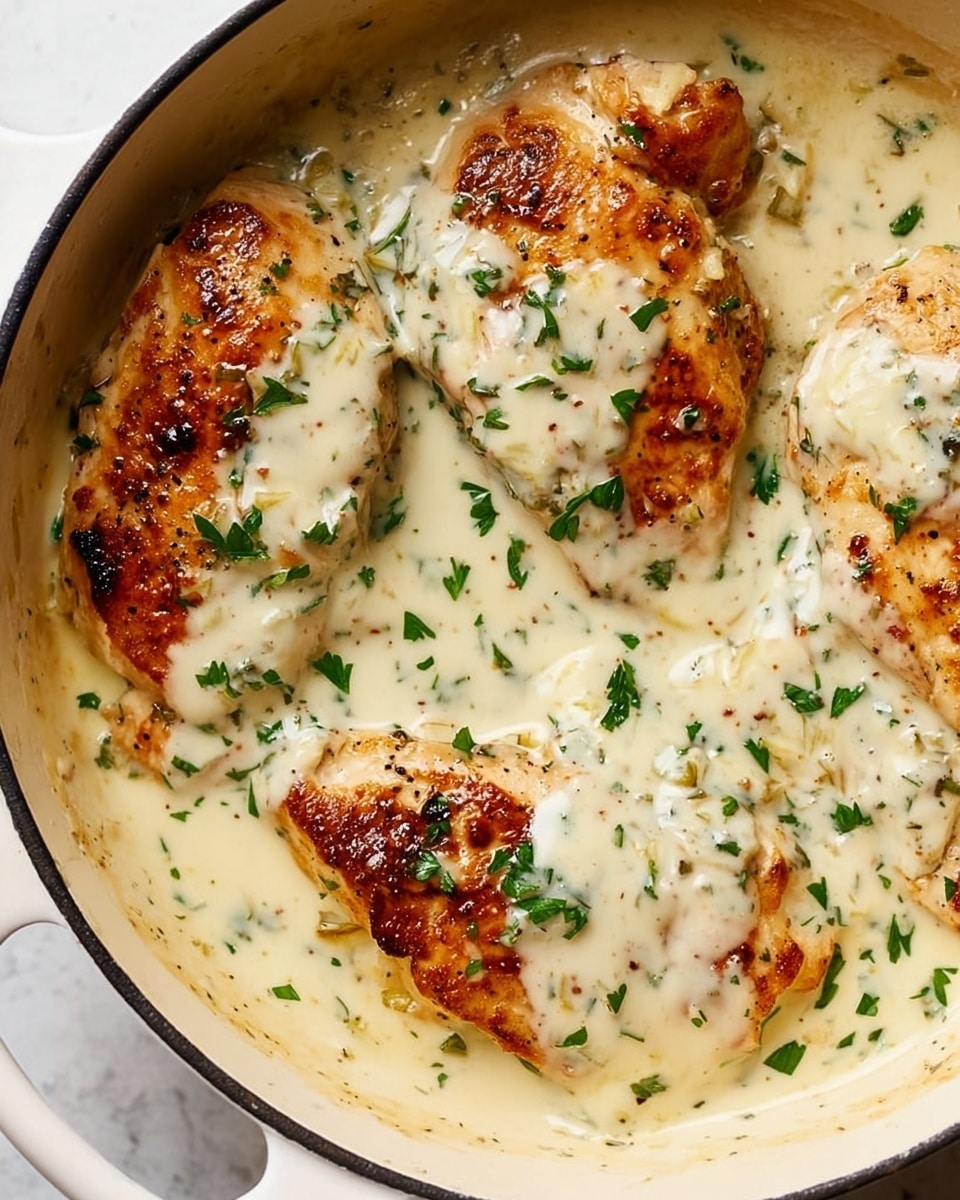 A close-up top view of a white pot filled with four pieces of browned chicken breasts, each partially covered with a thick, creamy white sauce that has small bits of green herbs sprinkled on top. The chicken looks juicy with a golden brown texture, while the sauce is smooth and rich, spreading evenly around and over the chicken. Small chopped parsley pieces add a fresh green color contrast scattered lightly on the sauce. The pot is placed on a white marbled surface. photo taken with an iphone --ar 4:5 --v 7