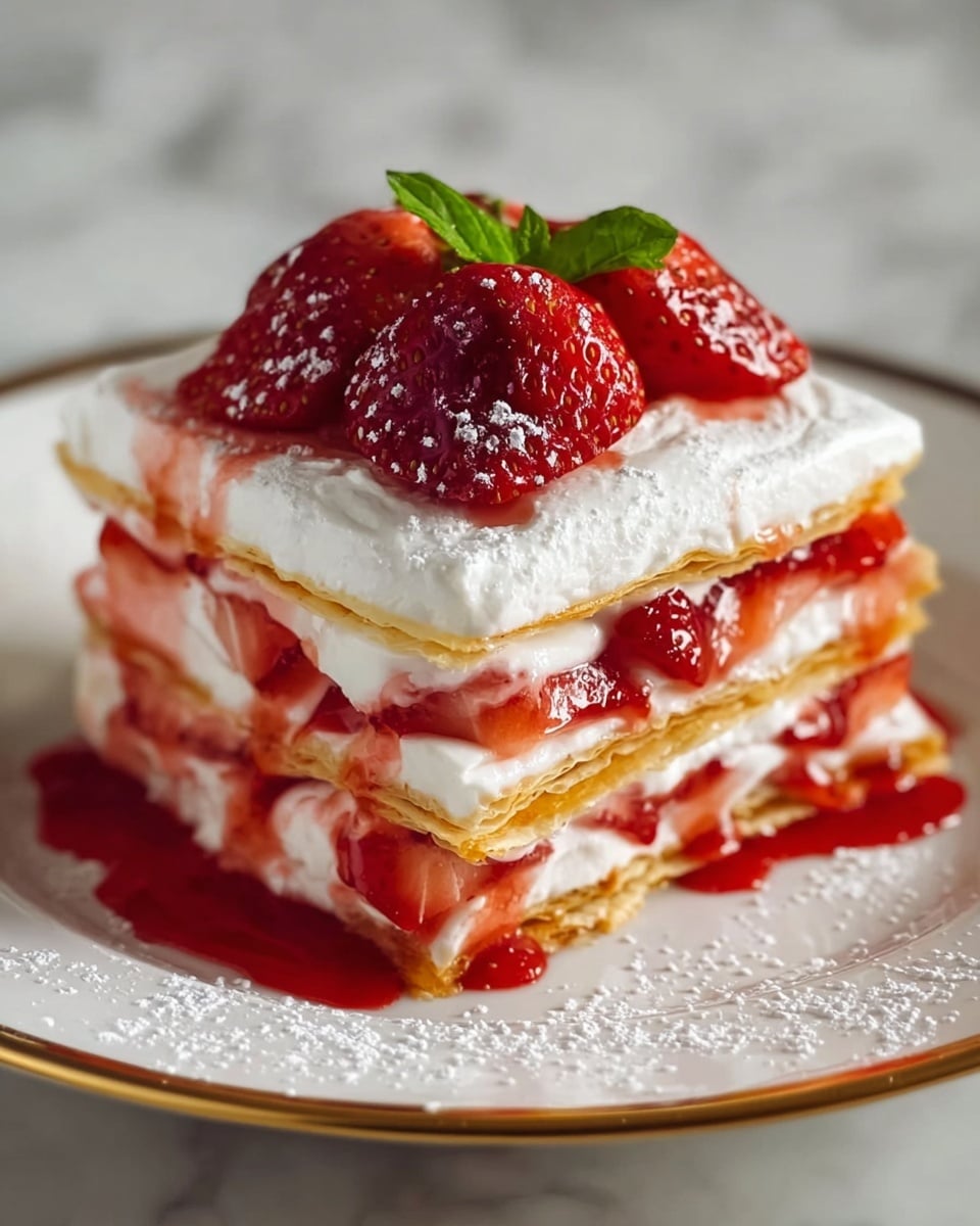 The image shows a three-layer strawberry dessert on a white plate with a gold rim, placed on a white marbled surface. Each layer consists of thin, golden pastry sheets separated by white whipped cream and slices of fresh red strawberries. The bottom layer is topped with a drizzle of red strawberry sauce that slightly pools on the plate. The top layer is covered with a thick layer of whipped cream, glazed strawberry sauce, and several fresh strawberry slices, garnished with a small green mint leaf. Light powdered sugar is sprinkled around the dessert on the plate. Photo taken with an iphone --ar 4:5 --v 7