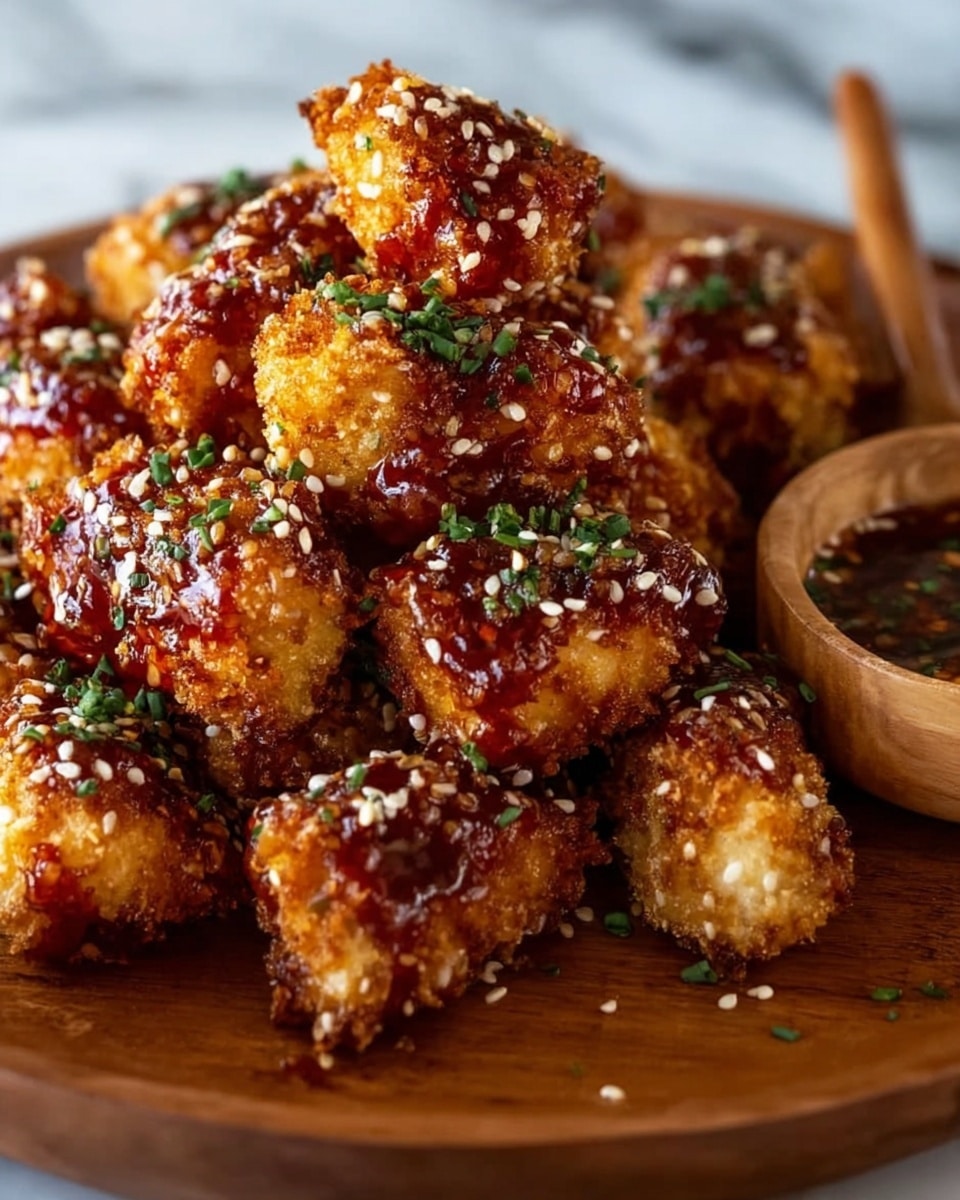 A close-up of a wooden plate filled with golden-brown fried chicken pieces stacked in a pyramid shape. Each crispy piece is coated with a sticky, dark reddish-brown sauce and sprinkled with white sesame seeds and small green chopped herbs. To the side, there is a wooden bowl with additional sauce and a wooden spoon inside it. The whole scene is set on a white marbled surface. Photo taken with an iphone --ar 4:5 --v 7
