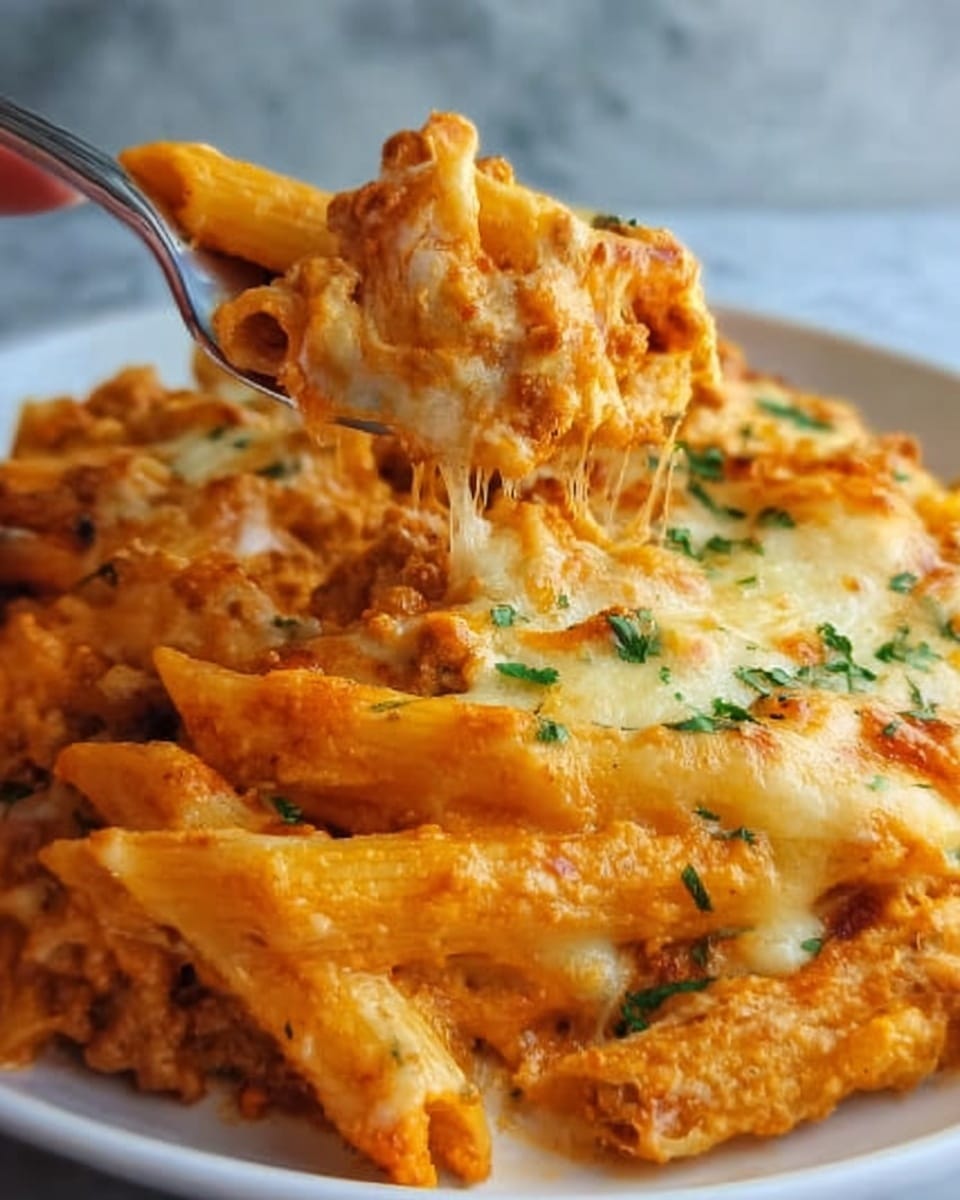 The image shows a close-up of baked pasta on a white plate, with layers of penne pasta covered in melted golden cheese and creamy orange tomato sauce mixed with ground meat. The pasta is topped with finely chopped green herbs, and a fork held by a woman's hand is lifting a cheesy, stringy bite from the dish. The background is a white marbled texture. photo taken with an iphone --ar 4:5 --v 7