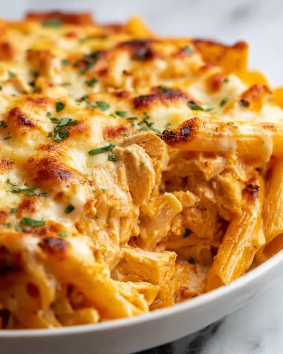 The image shows a close-up of a baked pasta dish in a white bowl on a white marble surface. The dish has three visible layers: the bottom layer is cooked penne pasta in a light orange creamy sauce, the middle layer contains small pieces of cooked chicken mixed evenly throughout, and the top layer is melted golden cheese with small browned spots and sprinkled green herbs for garnish. The texture is creamy and cheesy with a slightly crispy top. The overall color palette includes shades of orange, white, and green. Photo taken with an iphone --ar 4:5 --v 7