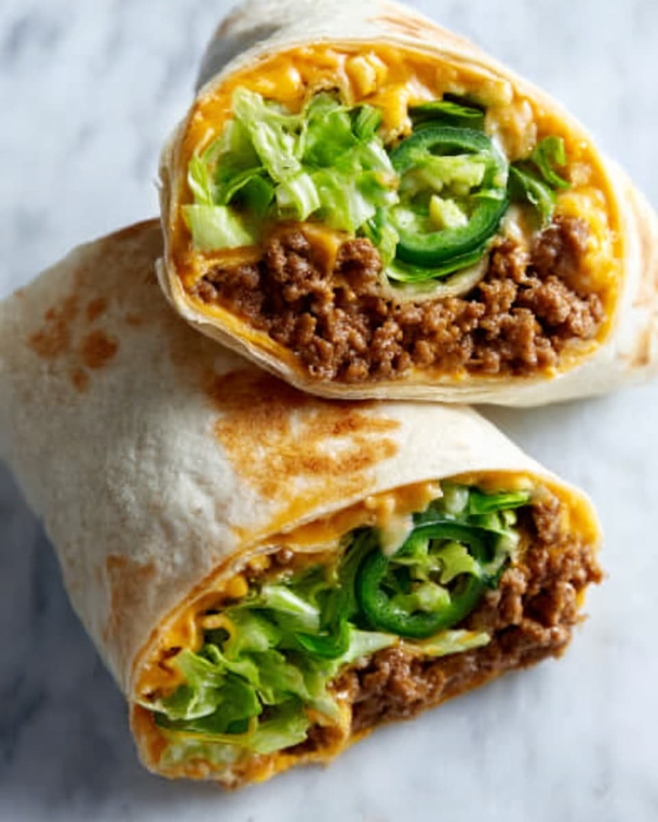 The image shows two burrito halves placed on a white marbled surface. Each burrito is wrapped in a soft, lightly toasted white tortilla, cut in half to reveal the inside layers. The layers from the bottom up include a creamy yellow-orange cheese sauce, a layer of cooked ground beef with a slightly crumbly texture and rich brown color, and a fresh layer of bright green lettuce and sliced green jalapeños at the top. The burritos are arranged close together, emphasizing the vibrant colors and textures of the ingredients inside. Photo taken with an iphone --ar 4:5 --v 7