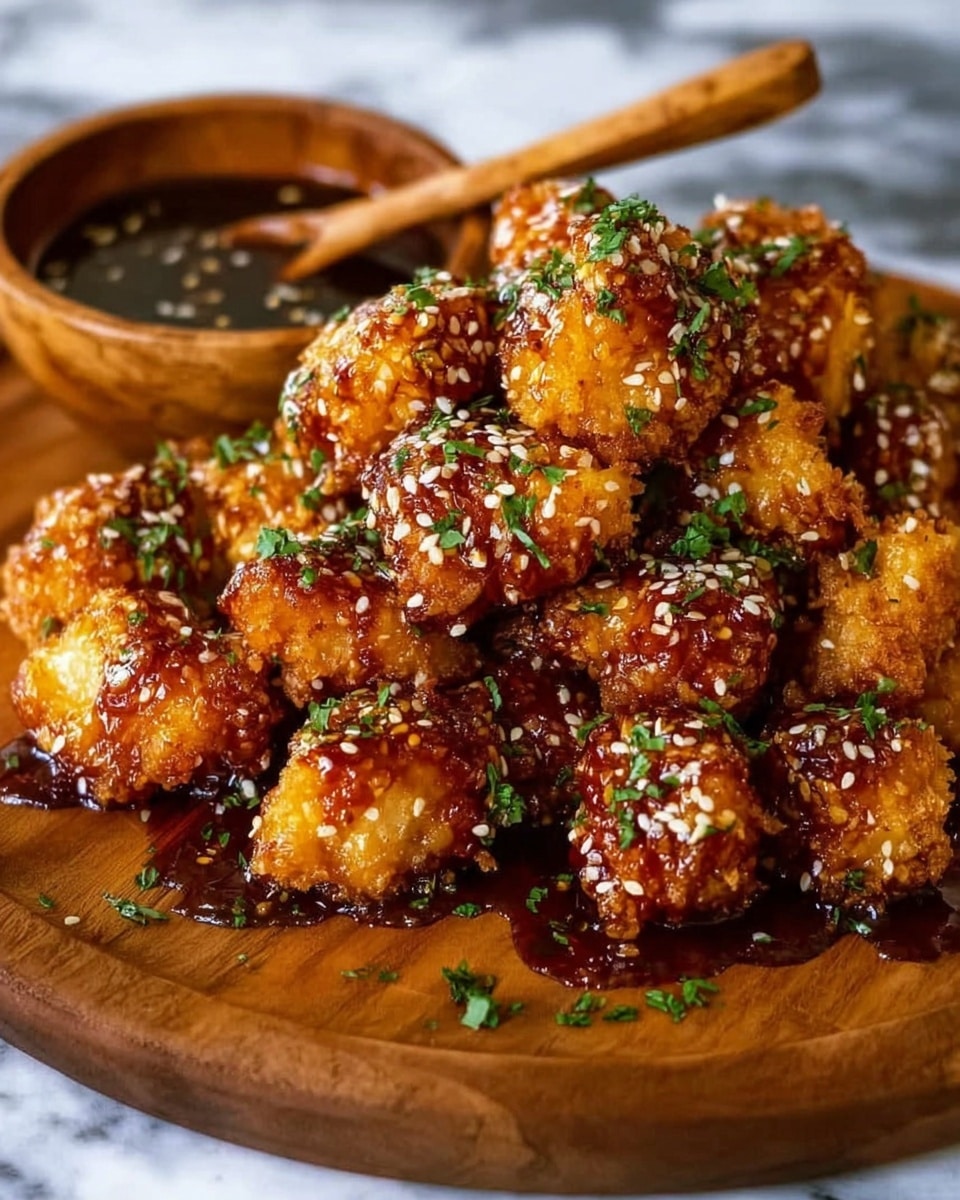 The image shows a wooden plate stacked with golden-brown crispy fried pieces coated in a shiny dark sauce, sprinkled with white sesame seeds and chopped green herbs. Each piece has a crunchy texture with a glossy, sticky glaze covering it evenly. In the background, there is a small wooden bowl holding extra sauce with a wooden spoon inside. The scene is set on a white marbled texture. Photo taken with an iphone --ar 4:5 --v 7