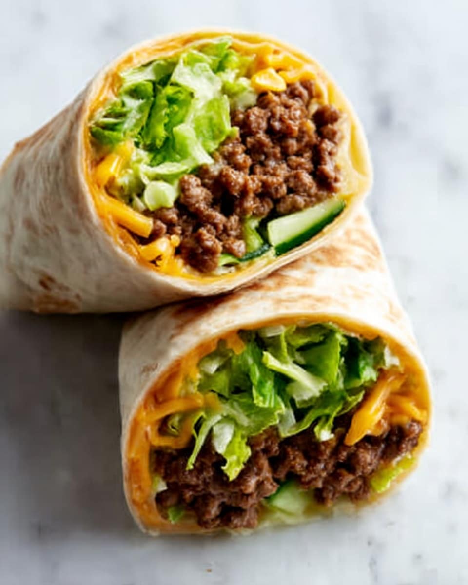 The image shows two halves of a burrito placed on a white marbled surface, cut side up. Each half has three main layers visible: a bottom layer of soft, light beige tortilla wrap, a middle layer of cooked ground beef in dark brown with a slightly crumbly texture, and a top layer of bright green shredded lettuce mixed with slices of cucumber and melted yellow cheese that oozes slightly over the beef. The burrito halves are positioned side by side with the filling neatly packed inside, showing a fresh and hearty appearance. Photo taken with an iphone --ar 4:5 --v 7