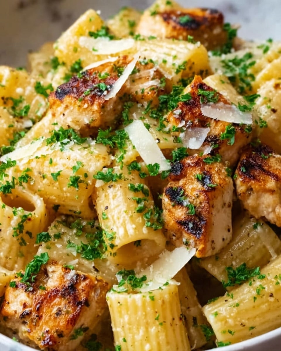 The image shows a close-up of rigatoni pasta with grilled chicken pieces. The pasta is light yellow with a smooth texture and is coated in a creamy sauce. There are small pieces of grilled chicken with a slightly charred, brown surface on top and mixed in. The dish is sprinkled with finely chopped green herbs and grated cheese, adding spots of green and white on the yellow pasta and brown chicken. The background is a white marbled texture. Photo taken with an iphone --ar 4:5 --v 7