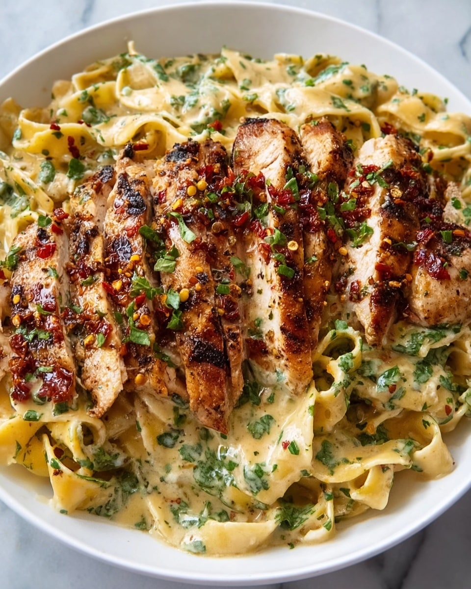 The image shows a white plate with creamy spaghetti on the bottom layer, with a smooth, light-colored sauce coating the noodles, mixed with small bits of herbs and red pepper flakes scattered throughout. On top, there are four pieces of grilled chicken breast, arranged in a slight fan shape, each piece golden brown with crispy, charred grill marks, and garnished lightly with chopped green herbs. The dish has a rich, warm look with contrast between the creamy pasta and the browned chicken. Photo taken with an iphone --ar 4:5 --v 7