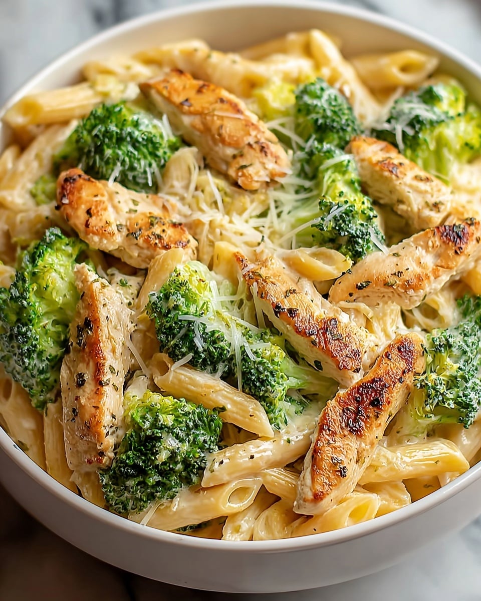 A white bowl filled with creamy penne pasta as the base layer, showing a smooth light yellowish sauce coating each pasta piece. On top of the pasta are bright green broccoli florets, adding a fresh, slightly rough texture. The top layer consists of golden-brown grilled chicken strips, lightly seasoned with herbs and spices, evenly spread across the broccoli and pasta. A light sprinkle of melted white cheese clings to some chicken and broccoli pieces, adding gloss and softness. The whole dish sits on a white marbled surface. Photo taken with an iphone --ar 4:5 --v 7