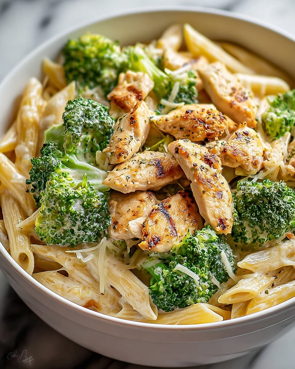 A white bowl filled with three main layers begins with a base of light golden penne pasta coated lightly in creamy sauce, giving a smooth and soft texture. On top of this is a layer of bright green broccoli florets, fresh and slightly steamed with a firm texture. The top layer consists of light brown, grilled chicken pieces with a slightly crispy, golden-brown outside, scattered evenly over the broccoli and pasta. The creamy sauce subtly shines through, linking the layers together. The photo is taken with a white marbled surface beneath the bowl, photo taken with an iphone --ar 4:5 --v 7