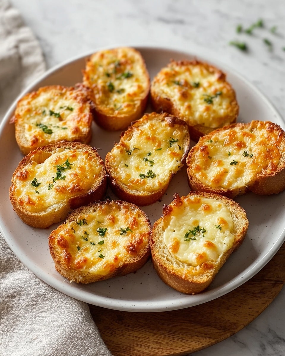 A white plate filled with nine small toasted bread pieces arranged closely; each piece has two visible layers, the bottom layer is golden-brown toasted bread with a crispy texture, and the top layer is melted cheese that is bubbly and golden with a slightly browned, crispy finish, garnished sparingly with small bits of green herbs. The plate is placed on a round wooden board set on a white marbled surface with a light natural cloth partially visible on the side. photo taken with an iphone --ar 4:5 --v 7