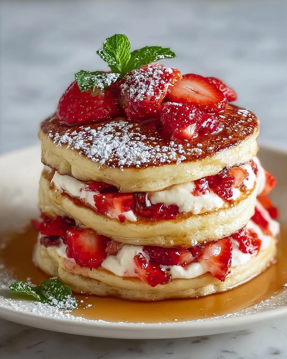The image shows a stack of three thick, golden-brown pancakes on a white plate with a white marbled texture background. Each pancake is layered with chopped red strawberries and a creamy white filling. The top pancake is dusted with powdered sugar and topped with halved strawberries and a small green mint leaf. A light syrup pools around the base of the pancakes, adding shine and warmth to the scene. The close-up view highlights the fluffy texture of the pancakes and the fresh, juicy strawberries. Photo taken with an iphone --ar 4:5 --v 7