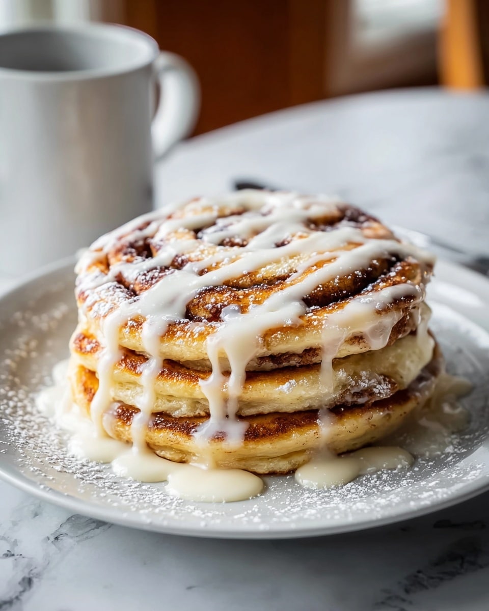 A stack of three thick, round pancakes sits in the center of a white plate on a white marbled surface. Each pancake has a golden-brown outside with swirls of cinnamon filling visible throughout the layers. White creamy icing is drizzled in thick lines over the top pancake, flowing down the sides and pooling on the plate. There is a light sprinkle of powdered sugar on the plate around the pancakes. A blurry white cup is in the background. photo taken with an iphone --ar 4:5 --v 7