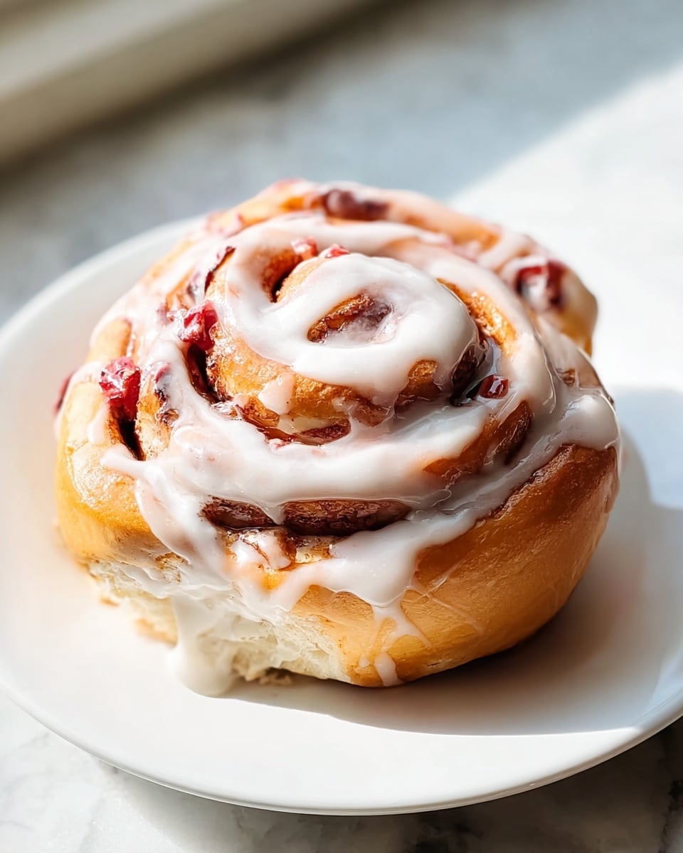 A close-up of a cinnamon roll on a white plate, showing a thick layer of white glaze dripping down the soft, light brown spiral dough. Inside the swirls, small pieces of red fruit are visible, adding bright splashes of color throughout. The cinnamon roll looks fluffy and moist with a slightly shiny glaze covering its top and sides. The background is a white marbled texture. photo taken with an iphone --ar 4:5 --v 7