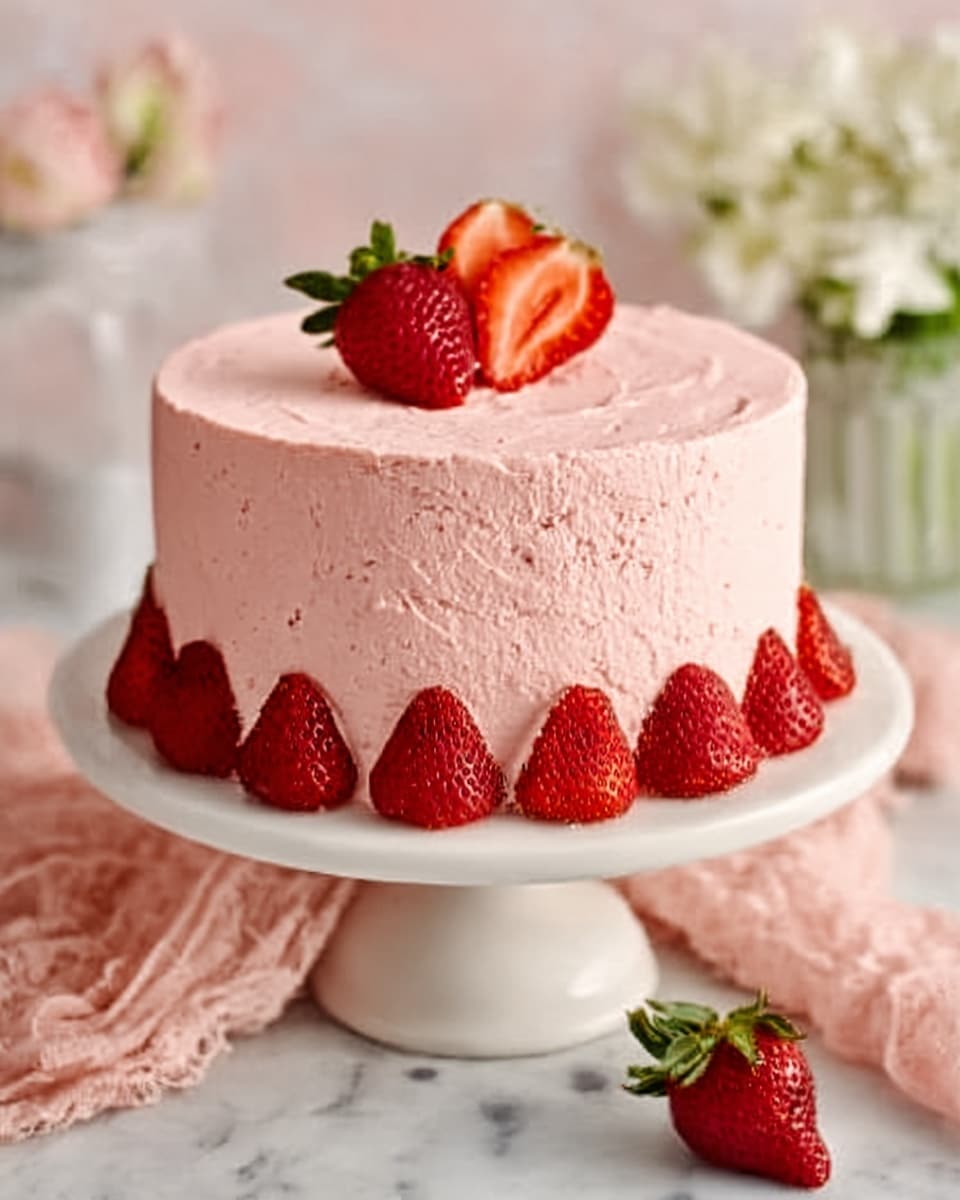 A round cake on a white cake stand with a smooth pink frosting that covers the whole cake. There is a row of whole strawberries placed around the base of the cake. On top, there are three strawberries: one whole and two sliced and fanned out, arranged neatly in the center. The cake is set on a white marbled surface with some soft pink fabric nearby and white flowers blurred in the background. Photo taken with an iphone --ar 4:5 --v 7