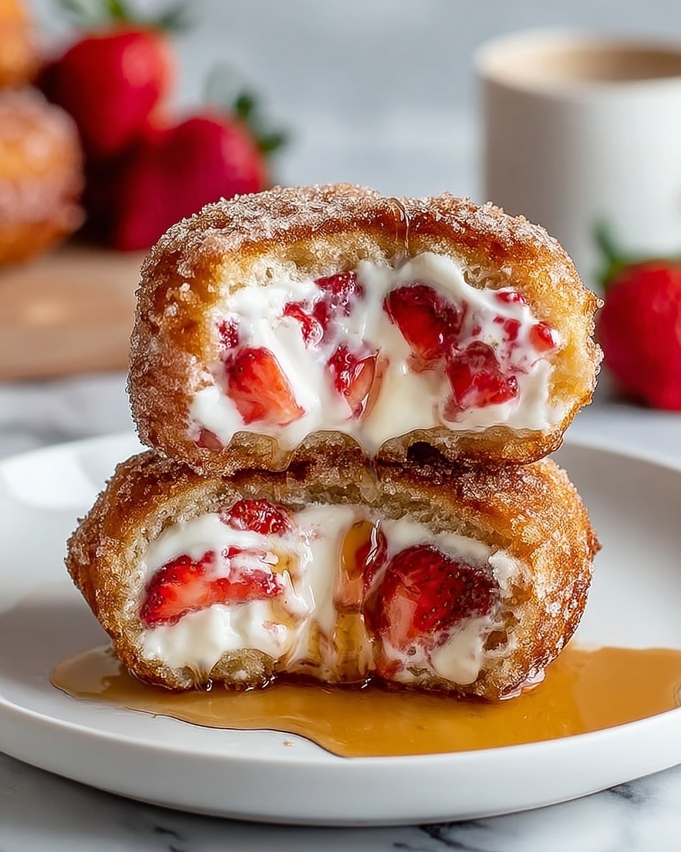 The image shows two halves of a stuffed donut stacked on a white plate with syrup drizzling down and pooling around the base. Each donut half has a golden-brown fried outer layer with a soft, slightly crumbly texture inside. Inside the donut, there is a thick layer of white cream mixed with bright red strawberry pieces. The strawberries inside add a fresh and juicy contrast to the creamy filling. The background has a white marbled texture with blurred red strawberries and a cup in soft focus, enhancing the fresh and sweet feel of the dessert. photo taken with an iphone --ar 4:5 --v 7