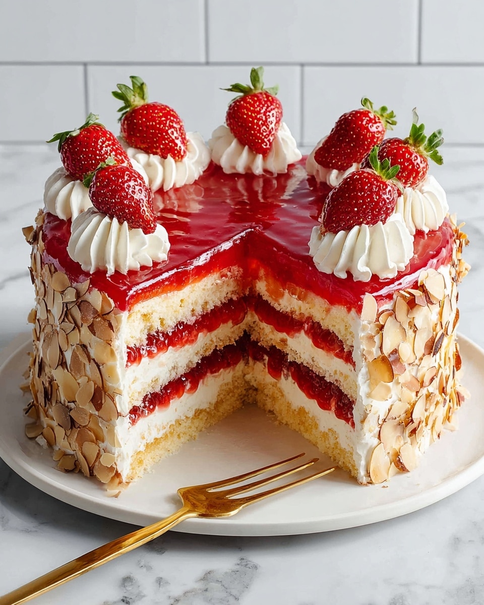 A four-layer cake with bright red jelly and cream filling between each light yellow sponge layer; the sides are covered with white cream and toasted almond slices, and the top layer is fully coated with smooth red jelly. The top edge is decorated with white cream swirls, each topped with a whole fresh red strawberry with green leaves. The cake sits on a white plate, and a gold fork rests at the base of the cake on the plate. The background is a white marbled surface and a white tiled wall. photo taken with an iphone --ar 4:5 --v 7