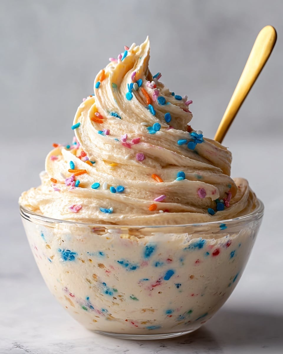A clear glass bowl filled with two thick layers of creamy, pale beige frosting mixed with colorful sprinkles in blue, pink, orange, and other bright colors. The bottom layer shows a smooth and dense texture with sprinkles evenly dispersed, while the top layer is artfully swirled in a tall, soft, and fluffy peak with sprinkles more visibly scattered across its surface. A gold spoon is inserted into the frosting from the right side, and the bowl is set on a white marbled textured surface. photo taken with an iphone --ar 4:5 --v 7